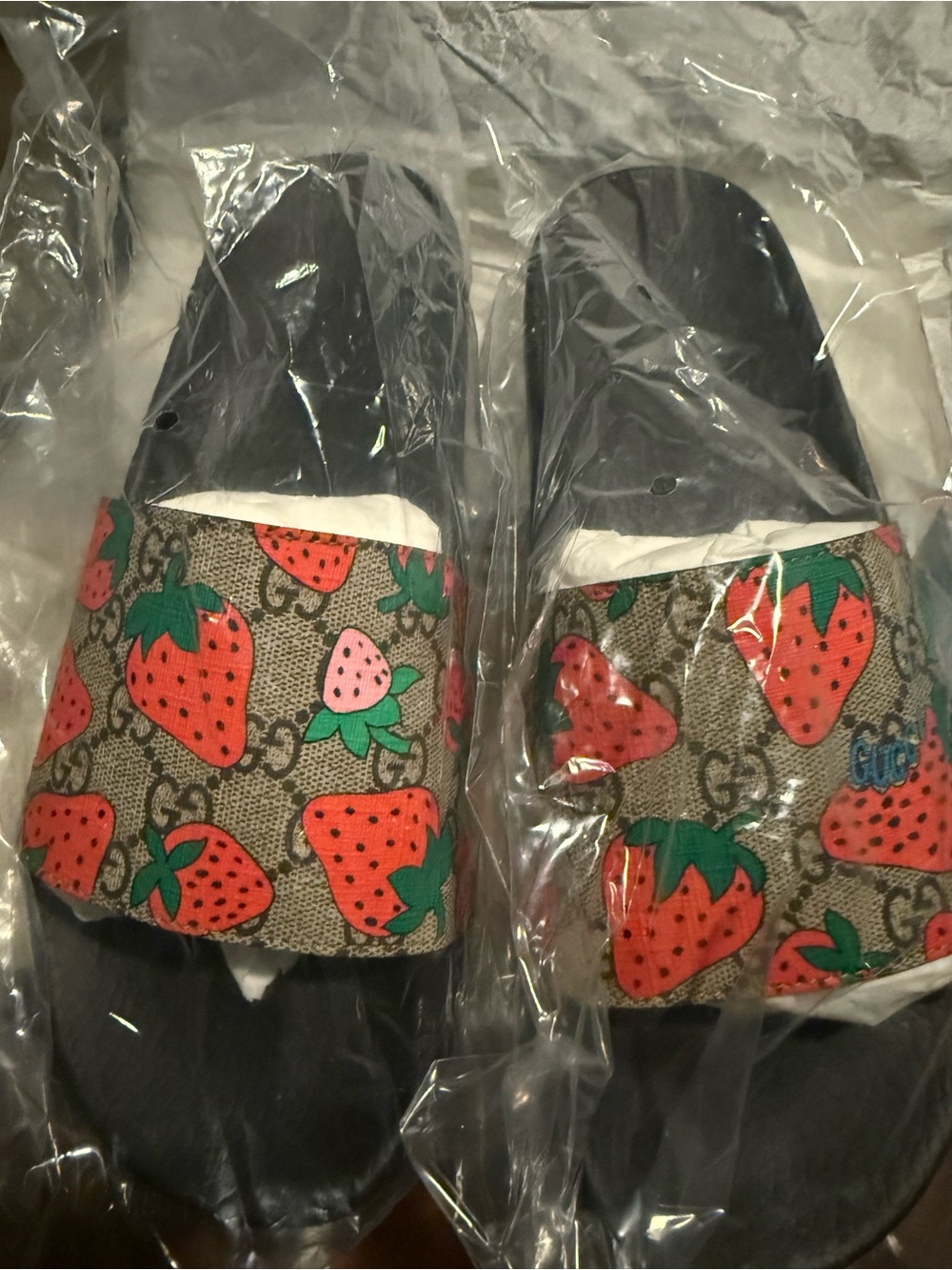 Gucci Women’s Strawberry Print Slide Sandals — Black with Red & Green
